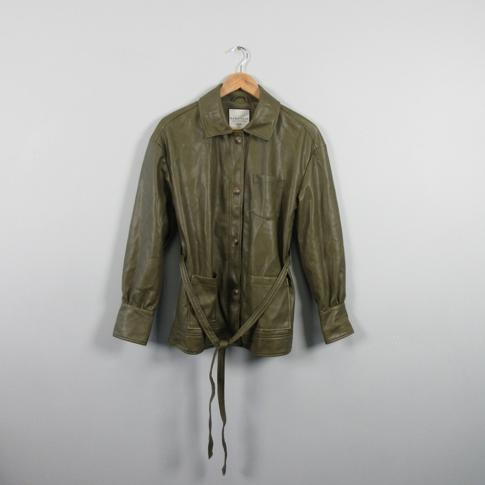 BAGATELLE COLLECTION Faux Leather Belted Shirt Jacket Olive Green Women Size S